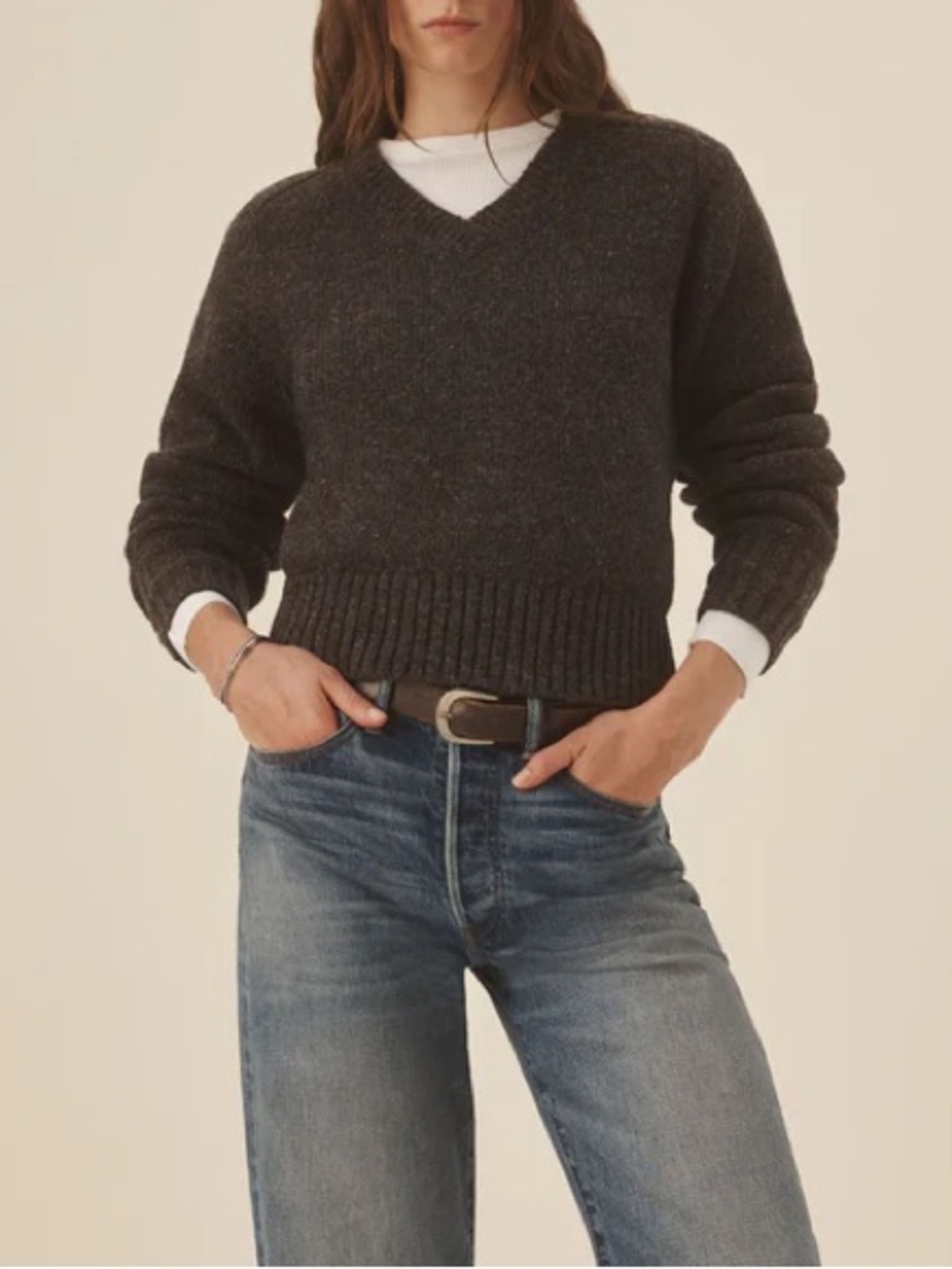Buck Mason Seastack Wool Tweed V-Neck Sweater in Cobblestone 🩶 - Picture 3 of 8